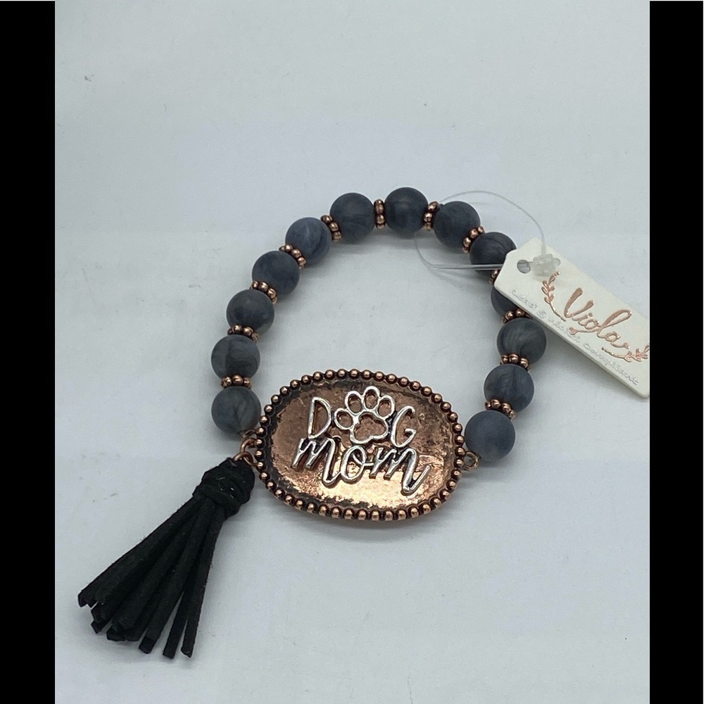 Grey Beaded Two-Tone Dog Mom Tassel Bracelet NWT